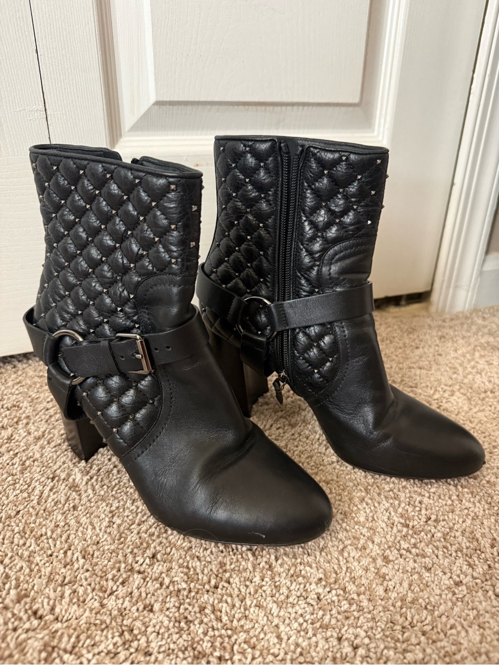 Valentino Garavani Black Quilted Rockstud Leather Ankle Boots with Buckle